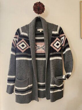 Pink Republic Gray Aztec Geometric Open Front Cardigan Sweater-Size S